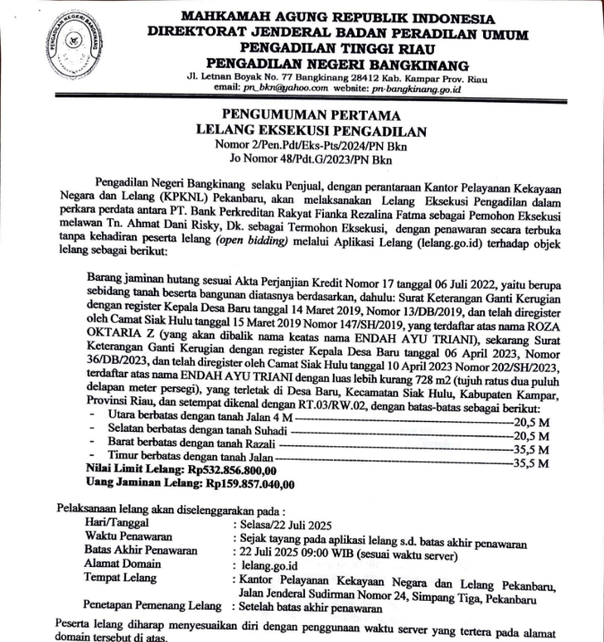 PENGUMUMAN PERTAMA LELANG EKSEKUSI PENGADILAN